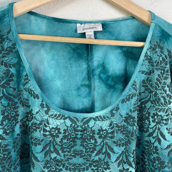 Dressbarn Woman Plus 3X Green Batwing Sleeve Top Beaded Floral Design Shirt - Picture 8 of 10